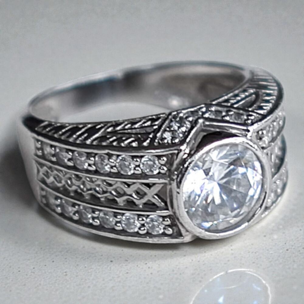 Sterling Silver 925 Celtic Cubic Zirconia Domed Openwork Ring Size 6 5.3g Irish
